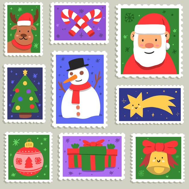Colección de sellos navideños dibujados a mano