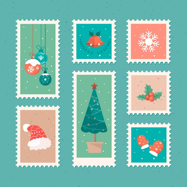 Colección de sellos navideños dibujados a mano