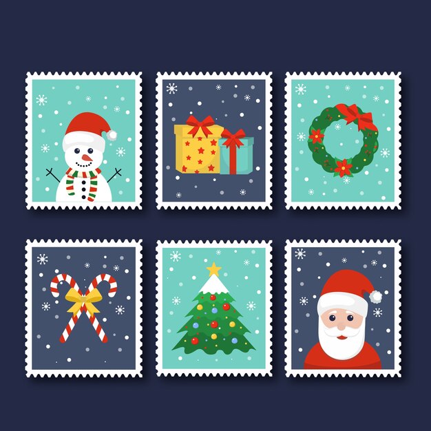 Colección de sellos navideños dibujados a mano