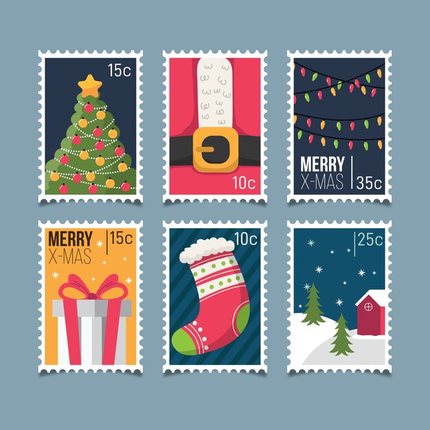 Colección de sellos navideños dibujados a mano