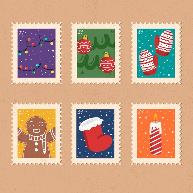 Colección de sellos navideños dibujados a mano