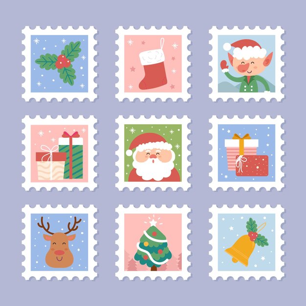 Colección de sellos navideños dibujados a mano