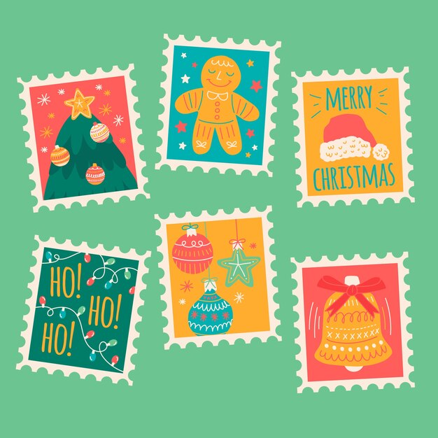 Colección de sellos navideños dibujados a mano