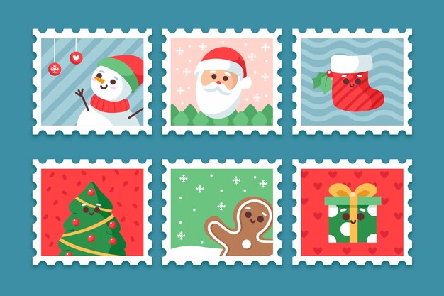 Colección de sellos navideños dibujados a mano