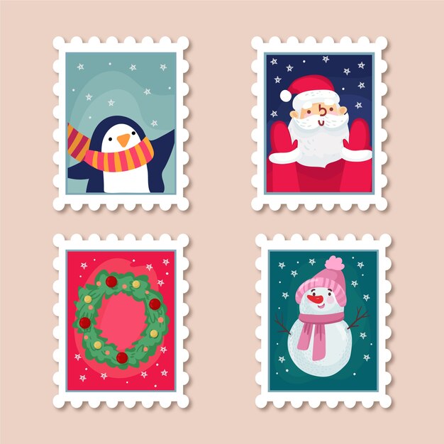 Colección de sellos navideños dibujados a mano