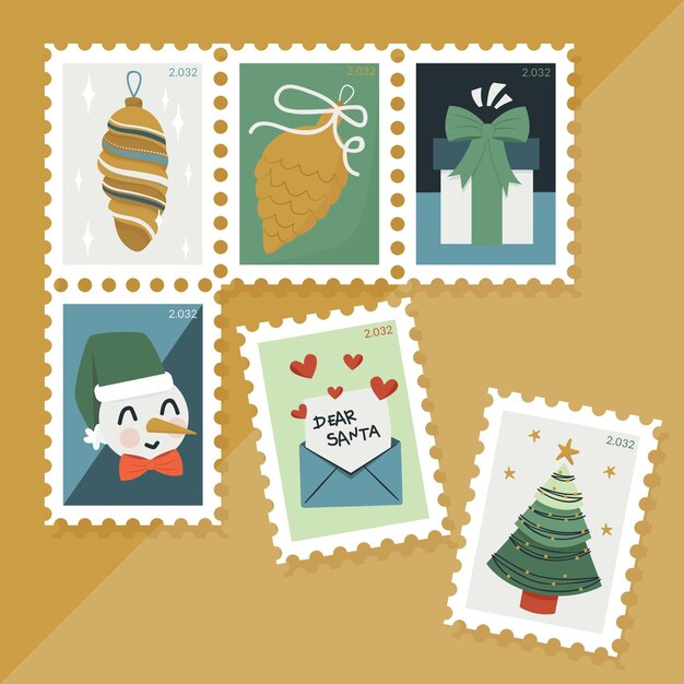 Colección de sellos navideños dibujados a mano