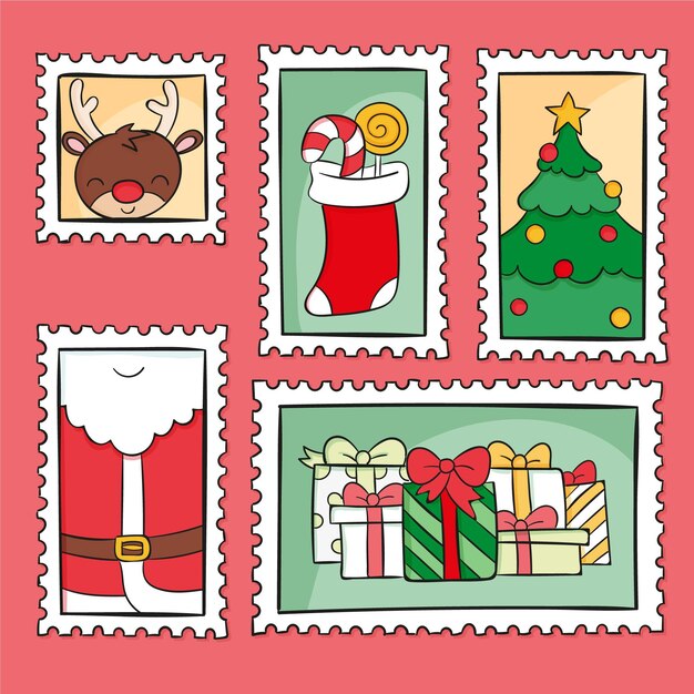 Colección de sellos navideños dibujados a mano