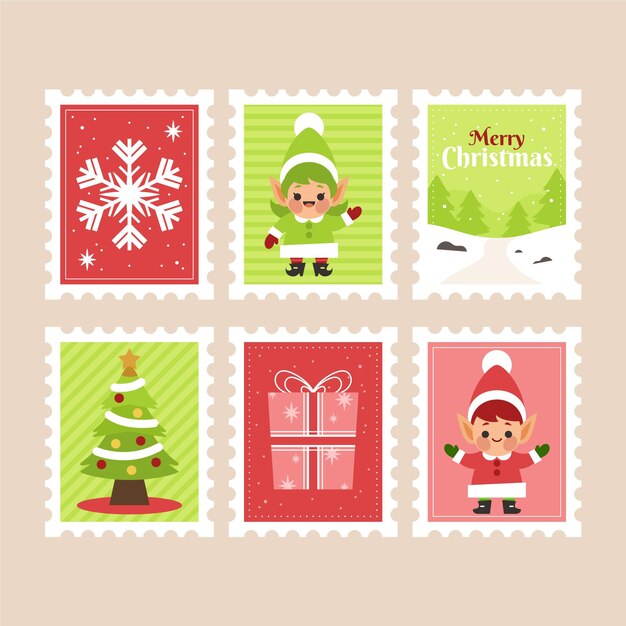 Colección de sellos navideños dibujados a mano