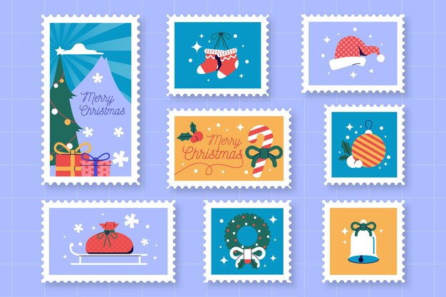 Colección de sellos navideños dibujados a mano