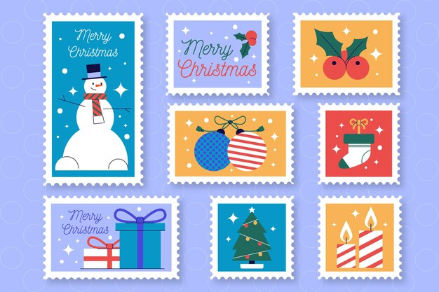 Colección de sellos navideños dibujados a mano