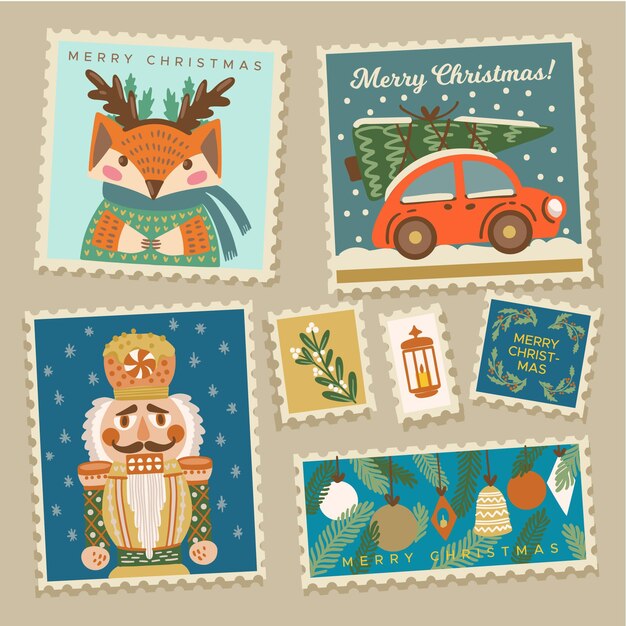 Colección de sellos navideños dibujados a mano