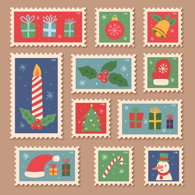 Colección de sellos navideños dibujados a mano