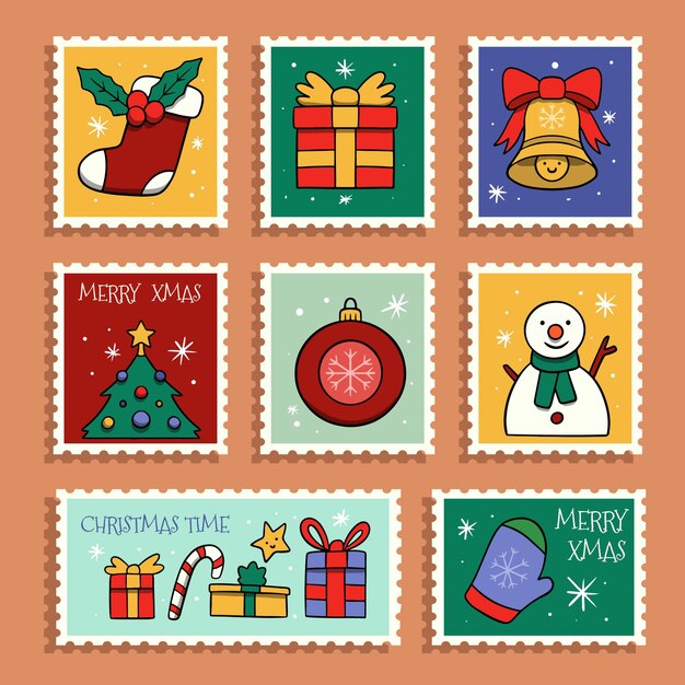 Colección de sellos navideños dibujados a mano