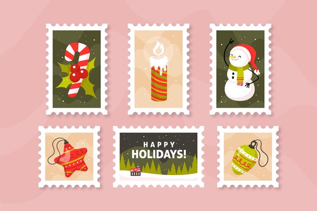 Colección de sellos navideños dibujados a mano