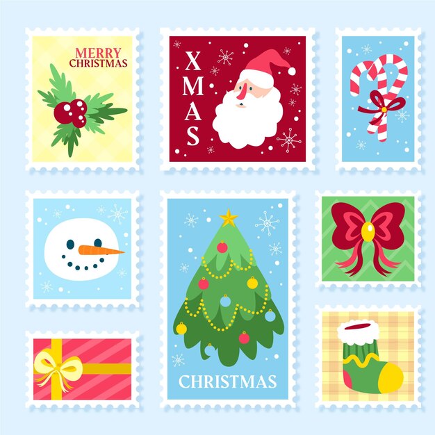 Colección de sellos navideños dibujados a mano