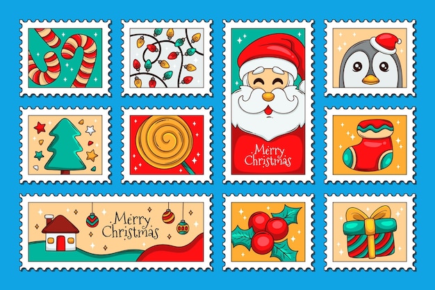 Colección de sellos navideños dibujados a mano