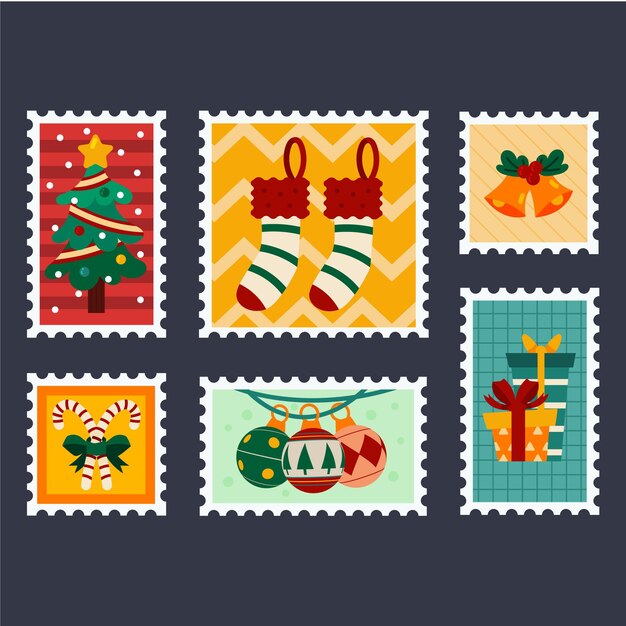 Colección de sellos navideños dibujados a mano