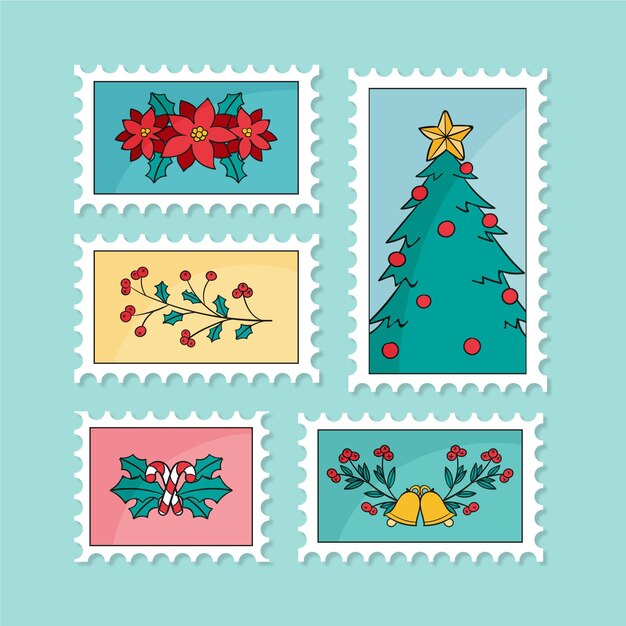 Colección de sellos navideños dibujados a mano
