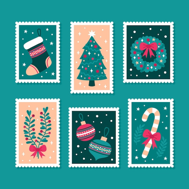 Colección de sellos navideños dibujados a mano
