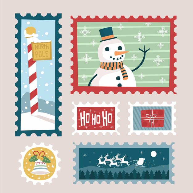 Colección de sellos navideños dibujados a mano