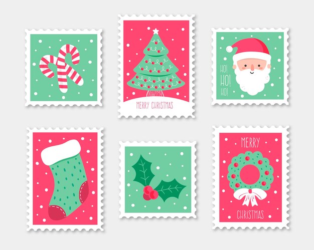 Colección de sellos navideños dibujados a mano