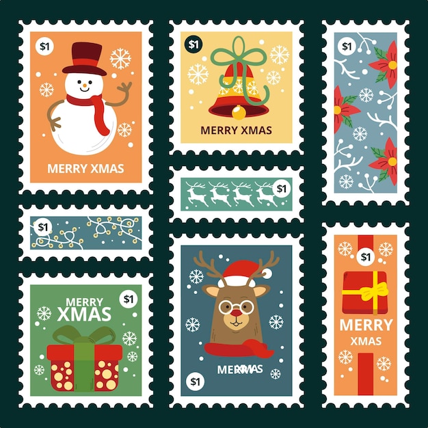 Colección de sellos navideños dibujados a mano