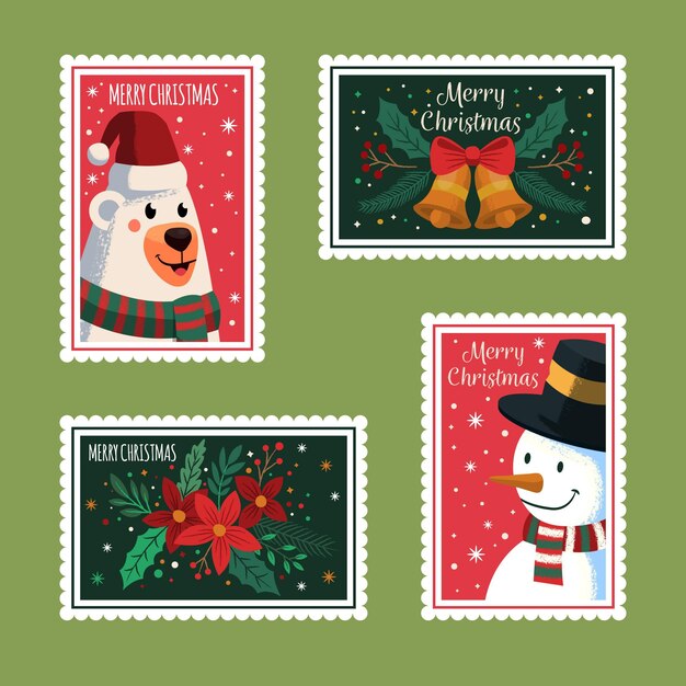 Colección de sellos navideños dibujados a mano