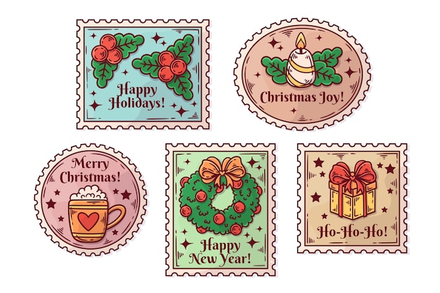 Colección de sellos navideños dibujados a mano