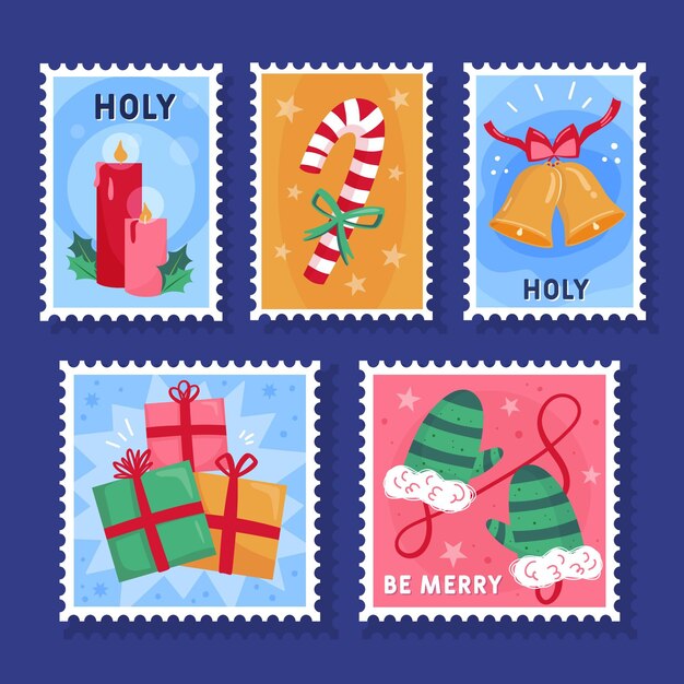 Colección de sellos navideños dibujados a mano
