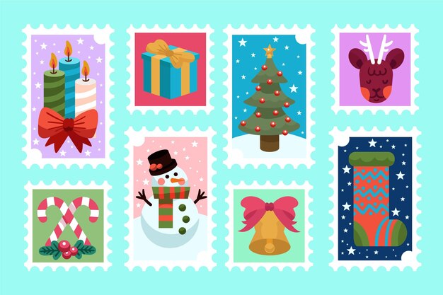 Colección de sellos navideños dibujados a mano