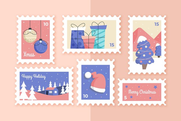 Colección de sellos navideños dibujados a mano