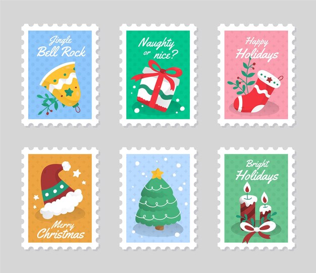 Colección de sellos navideños dibujados a mano