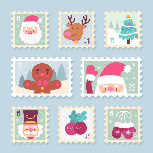 Colección de sellos navideños dibujados a mano