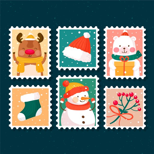 Colección de sellos navideños dibujados a mano