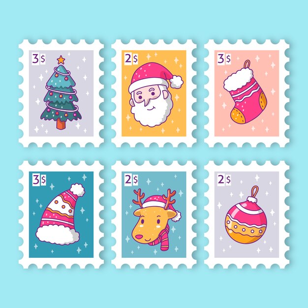Colección de sellos navideños dibujados a mano