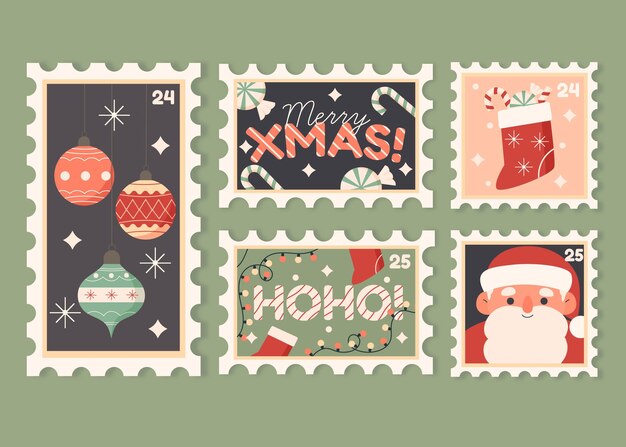 Colección de sellos navideños dibujados a mano