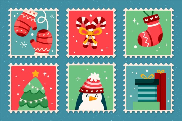 Colección de sellos navideños de diseño plano