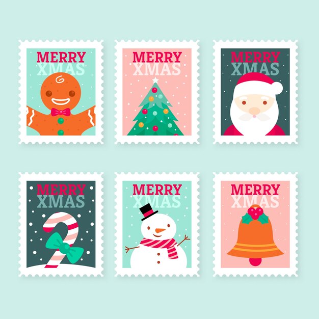 Colección de sellos navideños de diseño plano