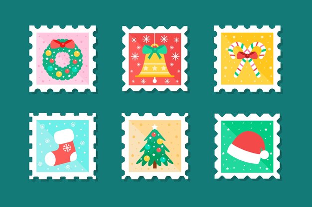Colección de sellos navideños en diseño plano