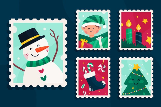 Colección de sellos navideños de diseño plano