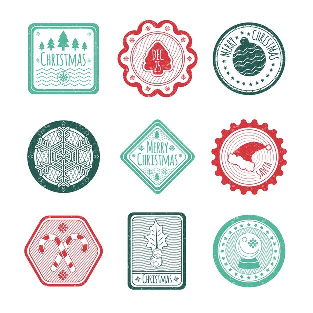 Colección de sellos navideños en diseño plano