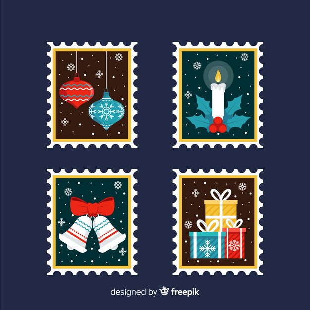 Colección de sellos navideños en diseño plano