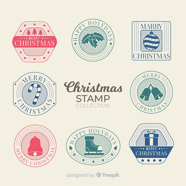 Colección de sellos navideños de diseño plano