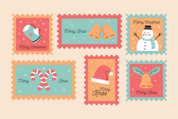 Colección de sellos navideños en diseño plano