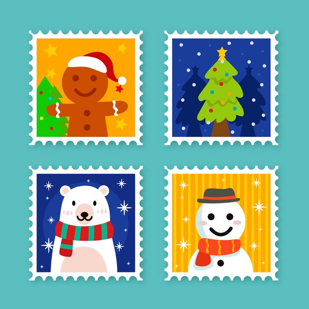 Colección de sellos navideños en diseño plano
