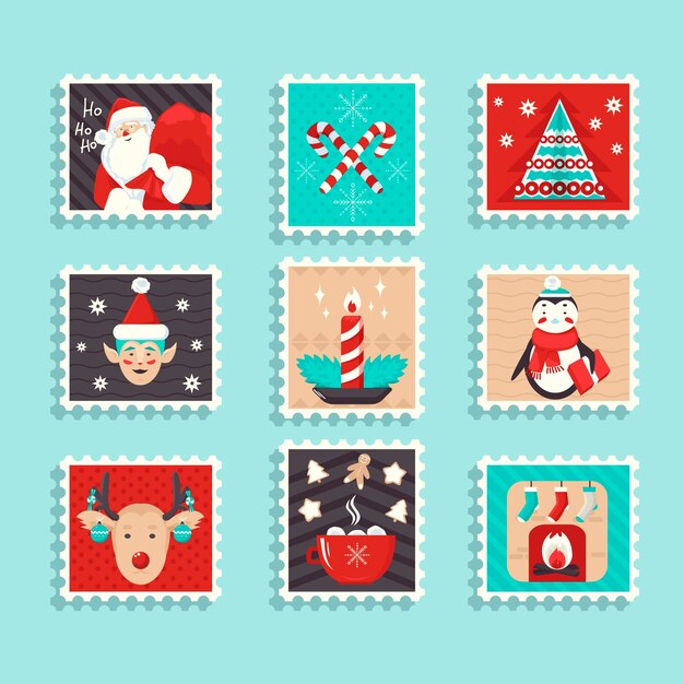 Colección de sellos navideños en diseño plano