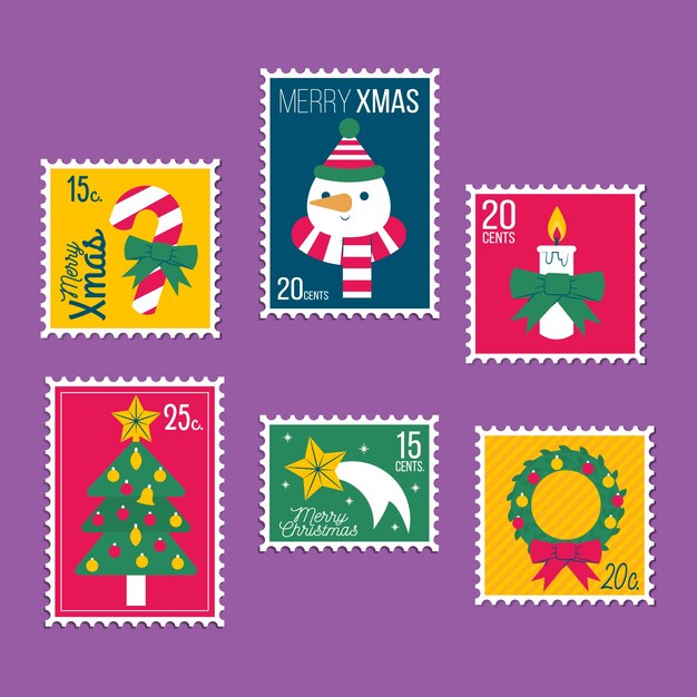 Colección de sellos navideños de diseño plano