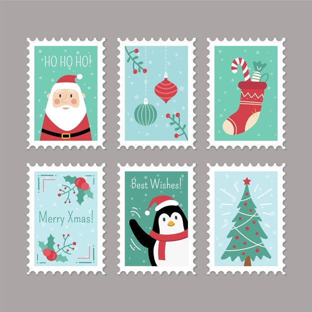 Colección de sellos navideños en diseño plano