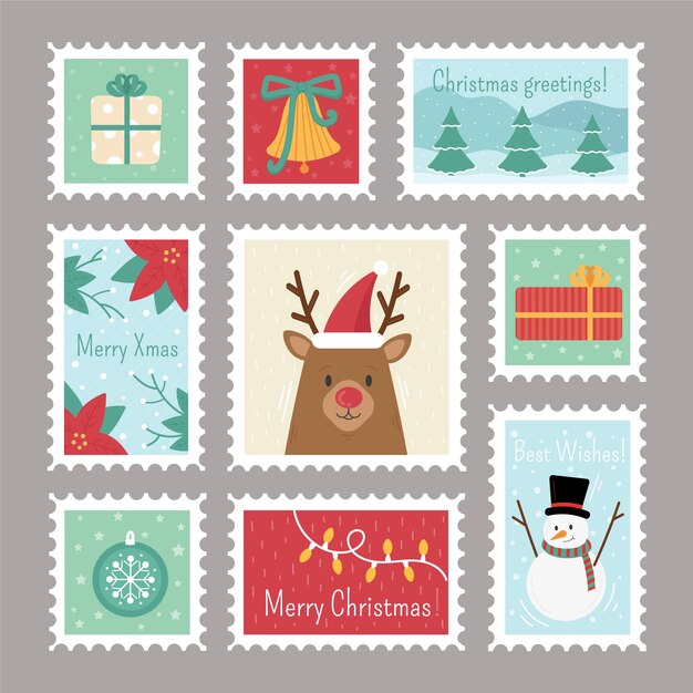 Colección de sellos navideños en diseño plano