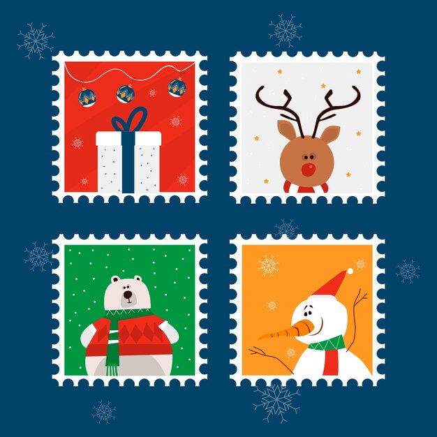 Colección de sellos navideños de diseño plano